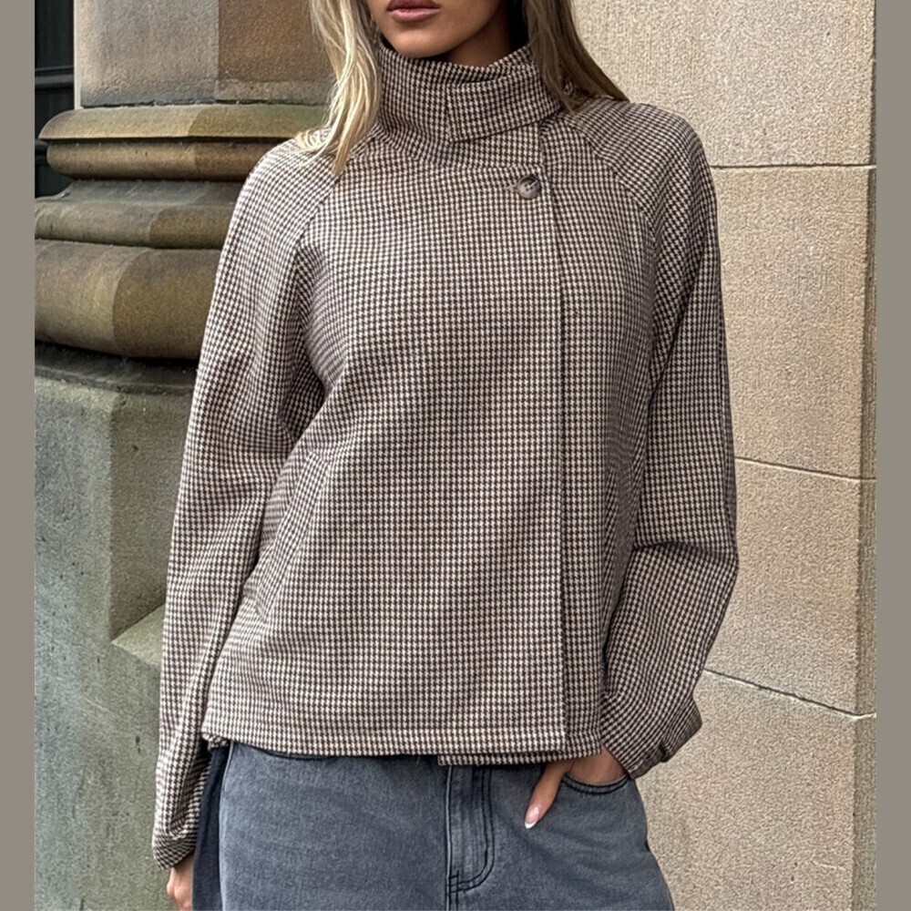 Black and White Houndstooth High Neck Button Cropped Pea Coat Jacket